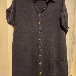 Women's Button-Front Textured Cotton Gauze Short Sleeves Shirt - Black B: 45"